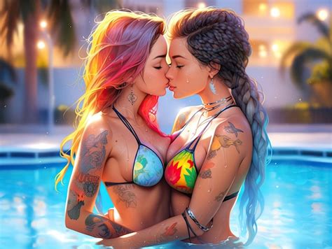 Premium Ai Image Two Beauty Hot Anime Lesbian Girls Kissing In Pool Mini Bikini Summer Body Lance