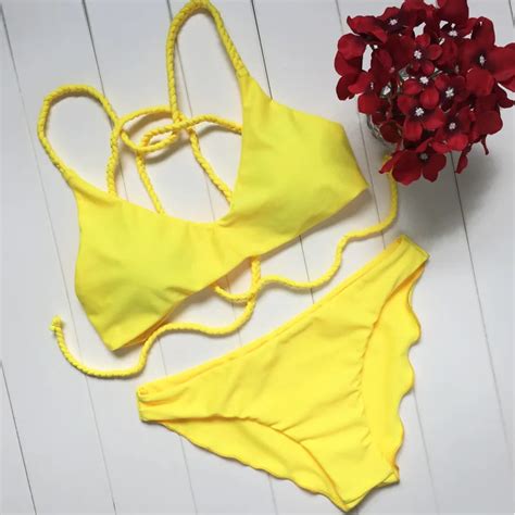 Yellow Bikini Set 2017 Summer Thong Biquini Women Sexy Beachwear Swimsuit Bathing Suit Lace