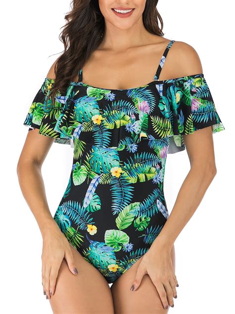 Csndyce Off Shoulder One Piece Swimsuits Women Bathing Suits Tummy Control Sexy Halter Bikini