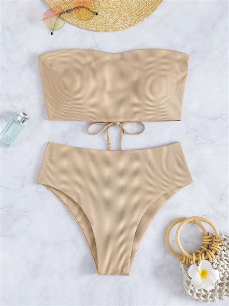 Conjunto De Bikini De Punto Acanalado Top De Sujetador De Bandeau Con Cordones Y Parte Inferior