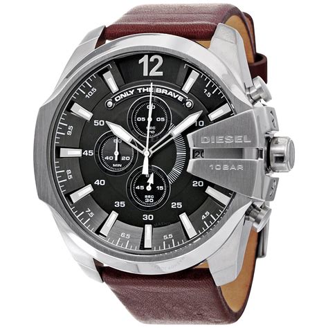 Diesel Mega Chief Chronograph Grey Dial Brown Leather Men's Watch ...