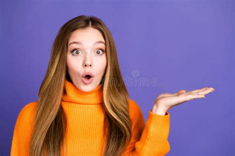 Portrait Photo Of Youth Charming Blonde Hair Cute Happy Smile Girl Holding Object In Hand Empty