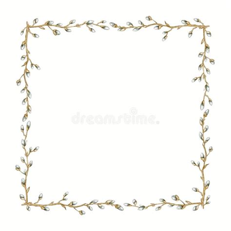 Watercolor Rectangular Frame With Spring Branches Of Pussy Willow Stock Illustration