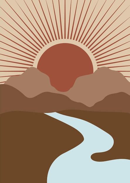 Premium Vector Minimalist Landscape With River And Mountains
