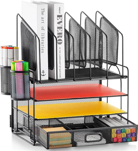 Desk Organizer with Drawer, 4-Tier Mesh Desk File Organizer with 5