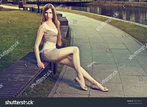 Sexy Blonde Lady Sitting On Bench Stock Photo 189130211 Shutterstock
