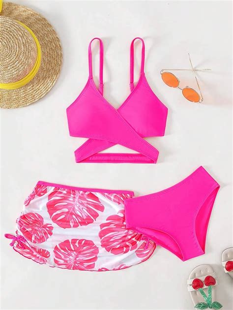 Ensemble Bikini Imprim Tropical Avec Jupe De Plage Pour Fille Pr Adolescente T Plage