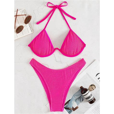 Plain Textured Halter Push Up High Cut Bikini 2022 New Underwired Female Swimsuit Women Swimwear