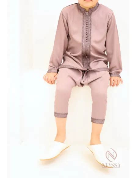 Moroccan Boy Piece Dark Nude Jabador Set With Embroidered Tunic And Sarouel