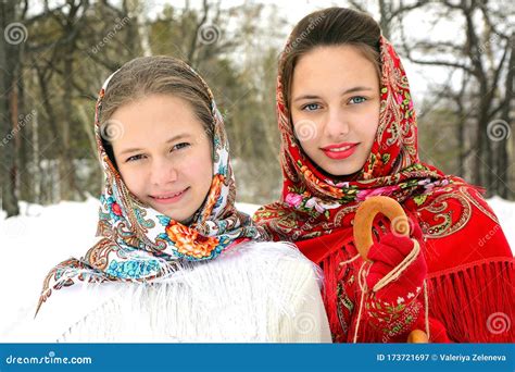 Fashion In Russian Style Two Beautiful Smiling Girls In Traditional