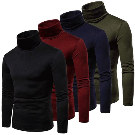 Men Long Sleeve Pullover High Neck Turtleneck Stretch Slim Basic T