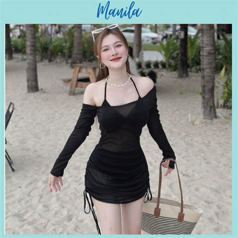 Set Bikini Set Đi Biển 3 Món Gồm Áo Bra Cổ Yếm Kèm Quần Lót Phối Cùng Váy Đi Biển Lệch Vai Rút