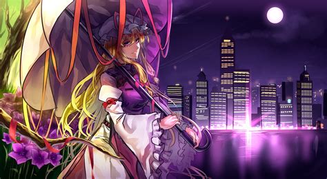 Blonde Hair Building City Flowers Hat Japanese Clothes Long Hair Moon Night Pink Eyes Ribbons