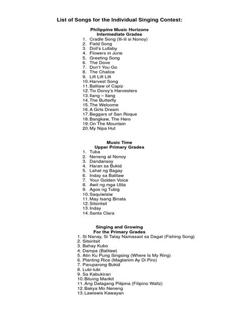 List Of Songs For The Individual Singing Contest Pdf