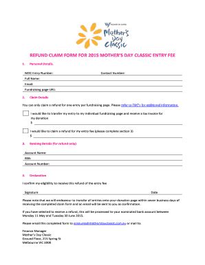 Fillable Online Refund Claim Form For Mothers Day Classic Entry