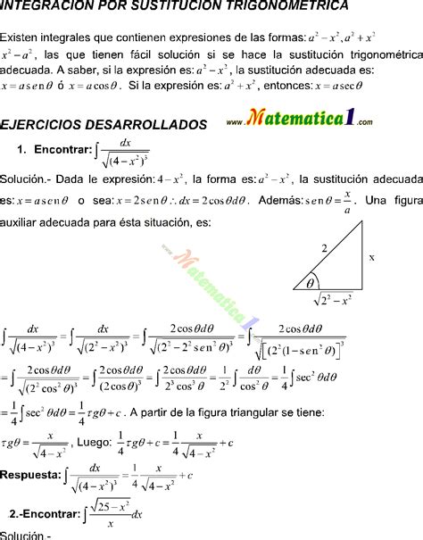 INTEGRALES POR SUSTITUCION TRIGONOMETRICA EJERCICIOS RESUELTOS PDF