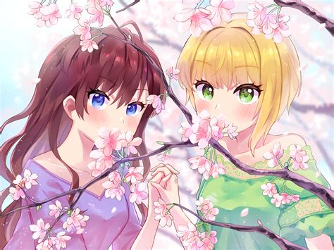 2girls Amy30535 Blonde Hair Blue Eyes Blush Brown Hair Cherry Blossoms Close Flowers Green Eyes