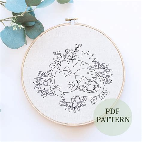 Sleeping Cat Pattern,floral Embroidery Pattern, Cat Embroidery Design ...