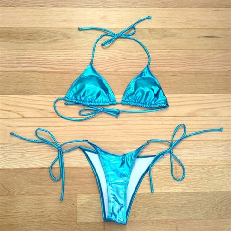 Amazon Swim Neon Turquoise Metallic Bikini Retro Shiny Triangle Top Side Tie Thong Bottom