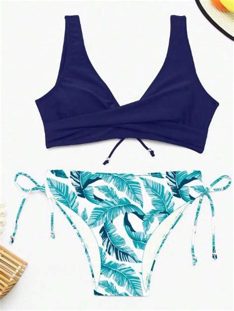 Women S Summer Bikini Set Solid Color V Neck Tank Tops With Lemon Print Low Waist Thong Pcs