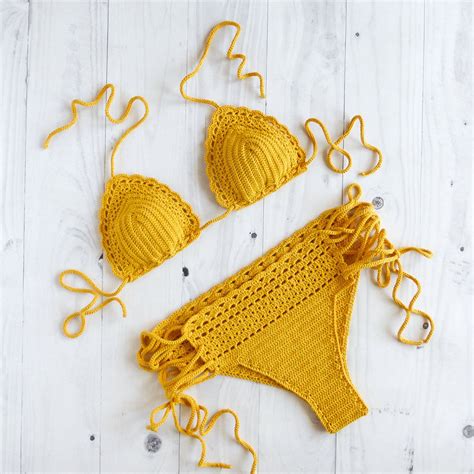 Brazilian Crochet Swimsuit In Yellow Women Crochet Bathing Suit Cheeky Crochet Bikini Set
