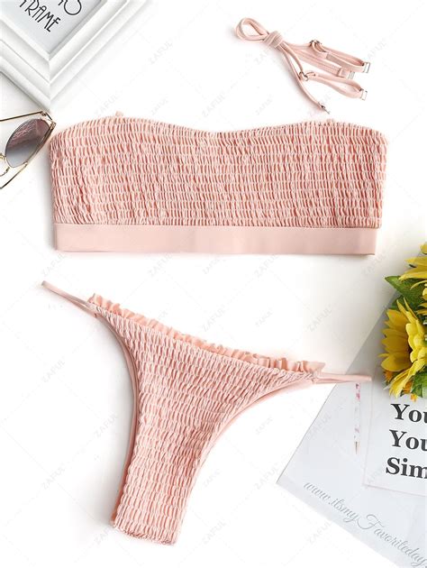Strapless Ruffles Smocked String Bikini Set In SHALLOW PINK ZAFUL 2023