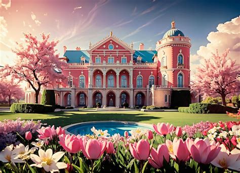 Premium Ai Image Barbie Big Mansion With Coral Pink Colour In Countryside