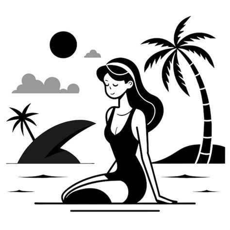 Mujer en bikini chica de verano en vacaciones traje de baño de playa vacaciones dibujado a mano