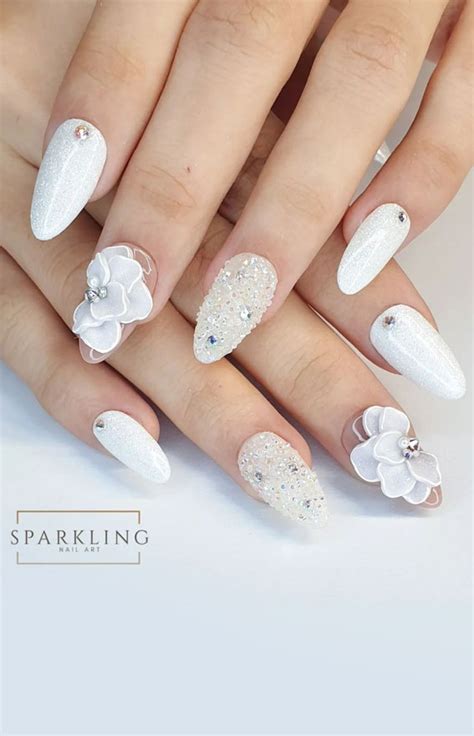 70 Wedding Nails For Brides 3D Flower White Bridal Nails