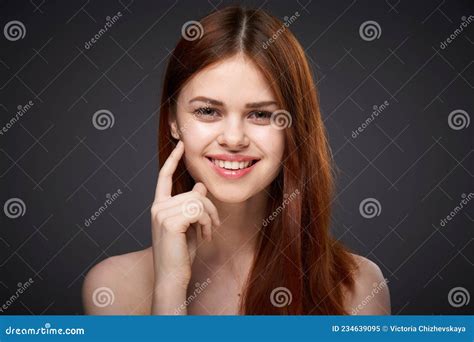 Pretty Red Haired Woman Naked Shoulders Posing Dark Background Stock Image Image Of Hairstyle