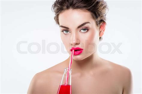 Fashionable Nude Girl Holding Bottle With Sweet Drink And Straw Isolated On White Stock Image