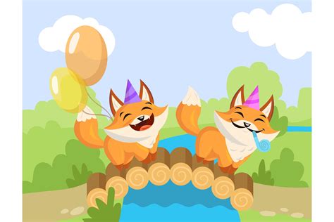 Two Cartoon Birthday Foxes Standing On B Graphic By Pchvector