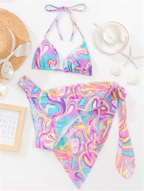 Shein Swim Vcay Abstract Fluid Pattern Bikini Set Triangle Bra Hipster Bottom Cover Up Skirt