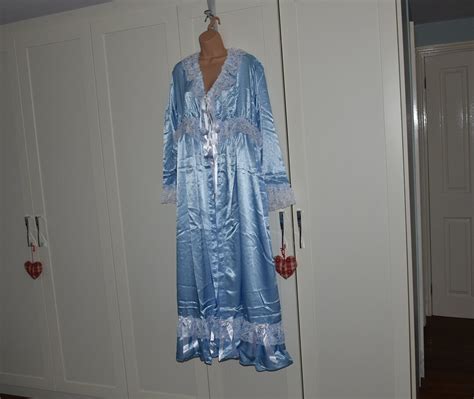 Sea Of Blue Satin Negligee Peignoir Huge Silky Nightgown To Relax In Sissy Lingerie Etsy
