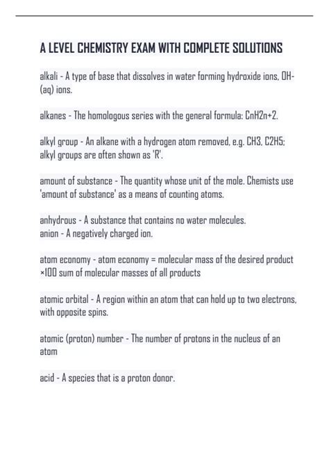 A LEVEL CHEMISTRY EXAM WITH COMPLETE SOLUTIONS alkali - A type of base