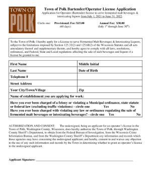 Fillable Online Town Of Polk Bartender Operator License Application Fax