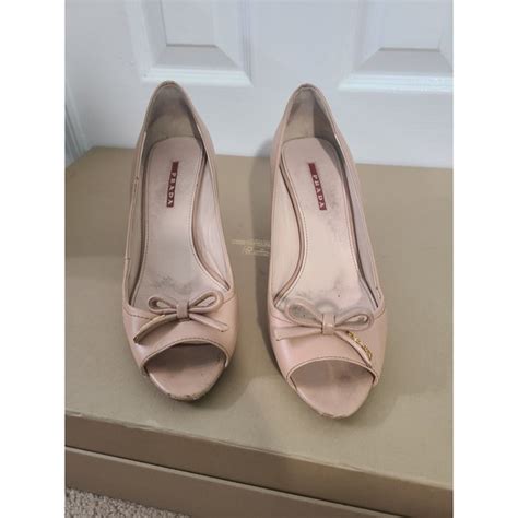 Prada Shoes Prada Nude Beige Tan Heels Peeptoe Leather Sexy Gold Kitten Small Low Bow