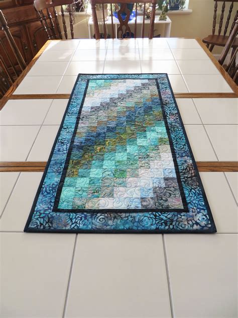 Quilted Batik Table Runner Bargello Blues Aquas Etsy Batik Table