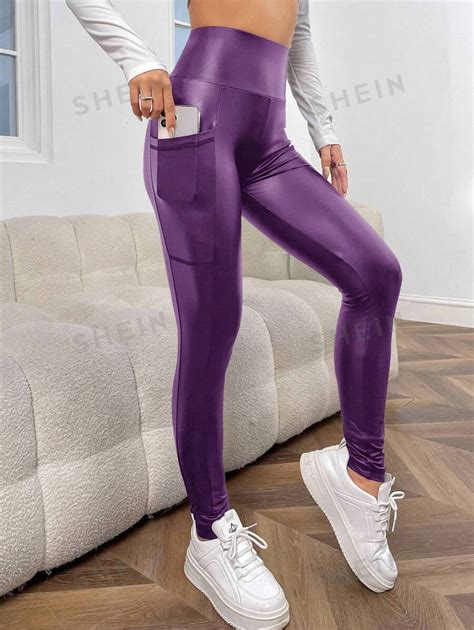 SHEIN Privé Wideband Waist Phone Pocket Side PU Leather Skinny Pants