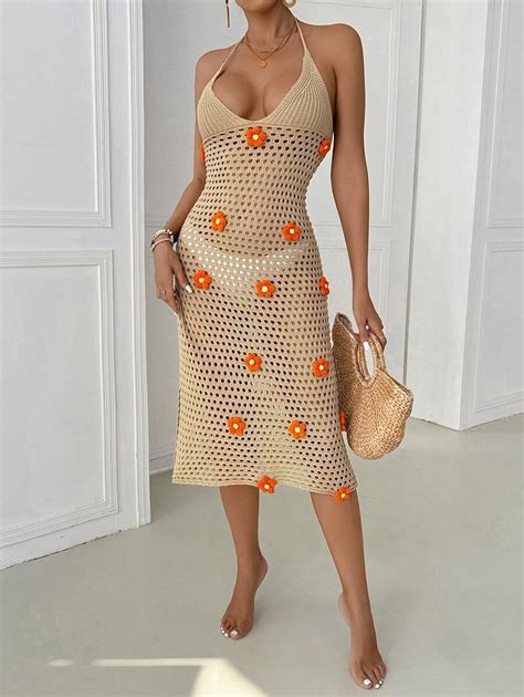 Women Plain Color D Flower Hollow Out Halter Backless Bikini Cover Up Vacation Style Summer