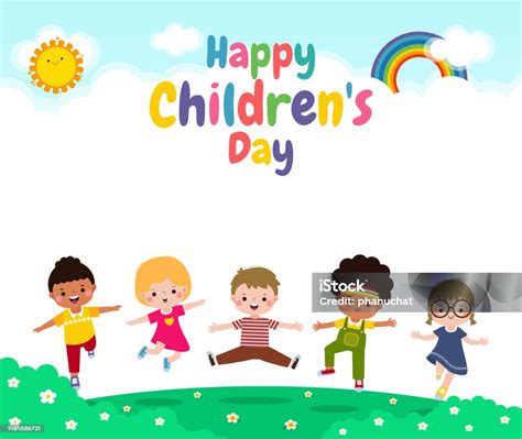 幸せな子供の日のコンセプトそれは毎年祝われ幸せな子供のベクターイラストと壁紙の背景ポスター イラストレーションのベクターアート素材や画像を