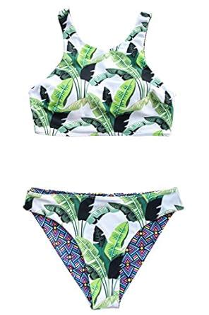 Buy Seaselfie Women S Tropical Forests Pattern High Neck Push Up Tankini Bikini Set