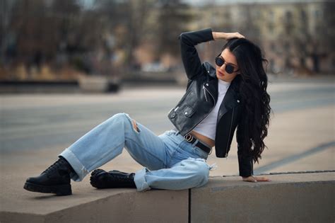 Bokeh Brunette Girl Pose Sitting Glasses Jacket Legs Jeans Boots HD Wallpaper Rare