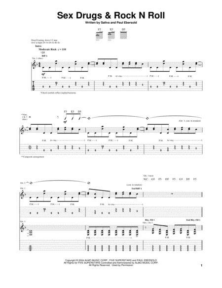 Sex Drugs Rock N Roll By Saliva Electric Guitar Guitar Tablature Digital Sheet Music