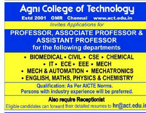 Agni College Of Technology Chennai Wanted Teaching Faculty Faculty