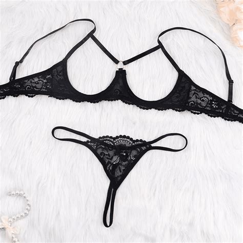 Sexy Underwire Floral Lace Mesh Sheer Lingerie Set For Women See Through Bra And Thong Piece