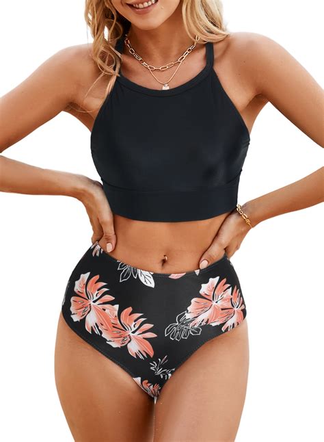 Aleumdr Women S Bikini Sets Pieces Swimsuits High Neck Bathing Suits Tummy Control Bikini Crop