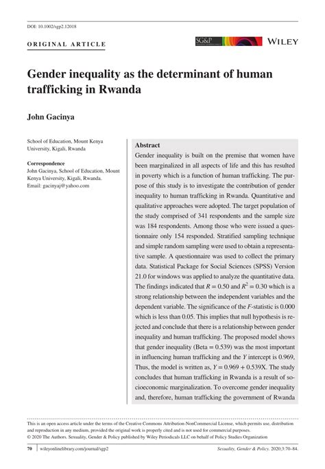 Pdf Gender Inequality As The Determinant Of Human Trafficking In Rwanda