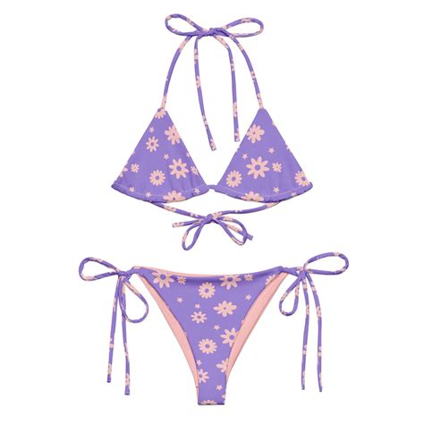 Floral Print Side Tie String Bikini Set Lavender Pink Womens Minimal
