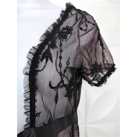 S Y K Mesh Babydoll Robe Black Blush Embroidered Beaded Ruffle Whimsigoth Whimsygoth Lingerie